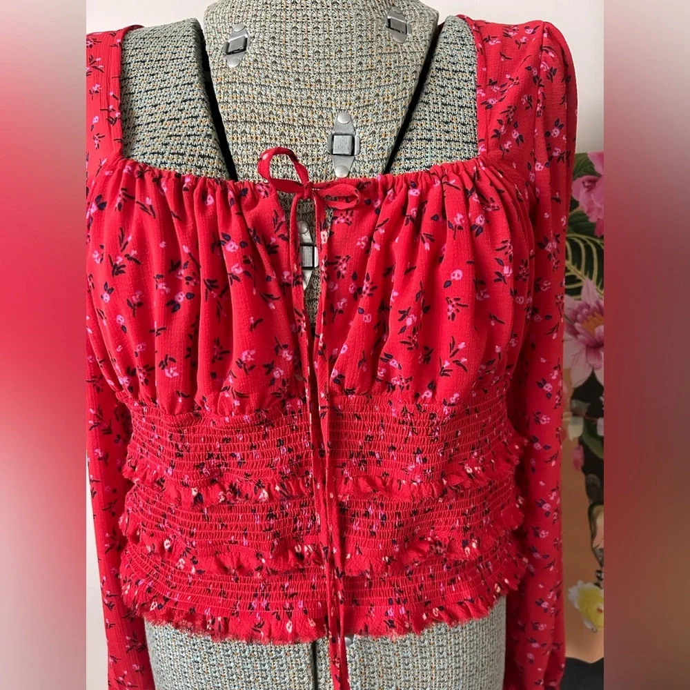FREE PEOPLE Lolita Red Floral Print Ruffled Crop Top. Sz. L
